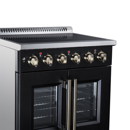 Galiano 30 Inch French Door Electric range, 4 radiant burners, 4.32 cf. True Convection oven, Air fryer kit, Black FORNO