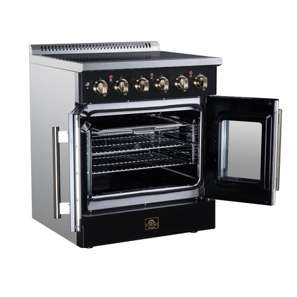 Galiano 30 Inch French Door Electric range, 4 radiant burners, 4.32 cf. True Convection oven, Air fryer kit, Black FORNO