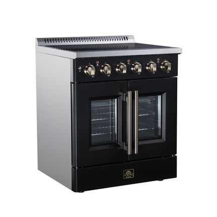 Galiano 30 Inch French Door Electric range, 4 radiant burners, 4.32 cf. True Convection oven, Air fryer kit, Black FORNO
