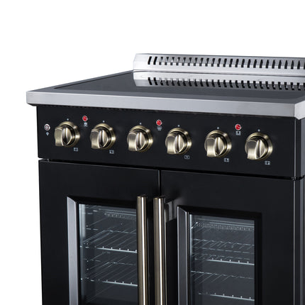 Galiano 30 Inch French Door Electric range, 4 radiant burners, 4.32 cf. True Convection oven, Air fryer kit, Black FORNO