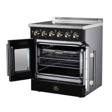 Galiano 30 Inch French Door Electric range, 4 radiant burners, 4.32 cf. True Convection oven, Air fryer kit, Black FORNO