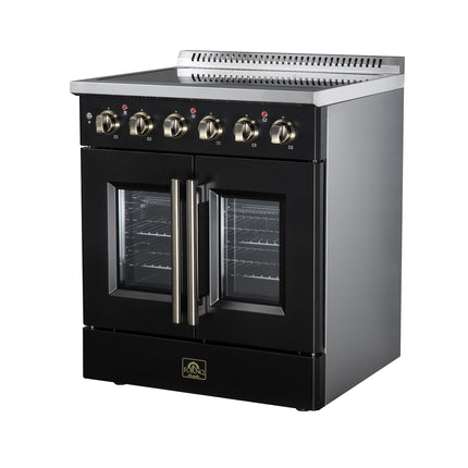 Galiano 30 Inch French Door Electric range, 4 radiant burners, 4.32 cf. True Convection oven, Air fryer kit, Black FORNO