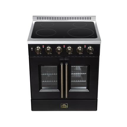 Galiano 30 Inch French Door Electric range, 4 radiant burners, 4.32 cf. True Convection oven, Air fryer kit, Black FORNO