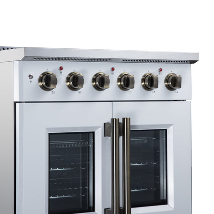Galiano 30 Inch French Door Electric range, 4 radiant burners, 4.32 cf. True Convection oven, Air fryer kit, White FORNO