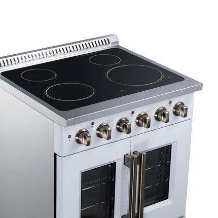 Galiano 30 Inch French Door Electric range, 4 radiant burners, 4.32 cf. True Convection oven, Air fryer kit, White FORNO