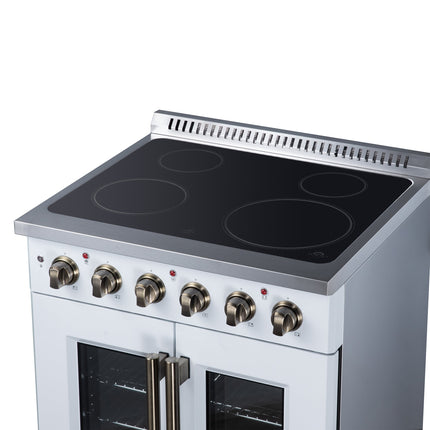 Galiano 30 Inch French Door Electric range, 4 radiant burners, 4.32 cf. True Convection oven, Air fryer kit, White FORNO