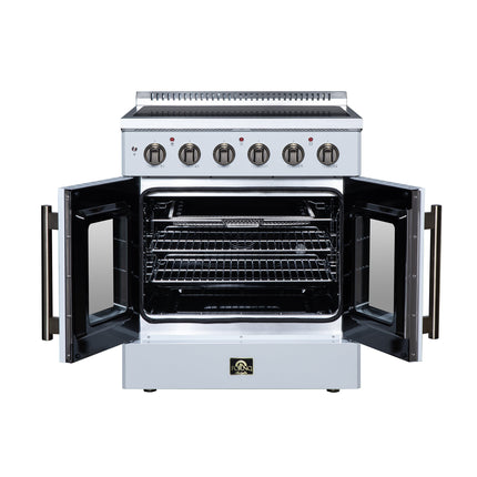 Galiano 30 Inch French Door Electric range, 4 radiant burners, 4.32 cf. True Convection oven, Air fryer kit, White FORNO