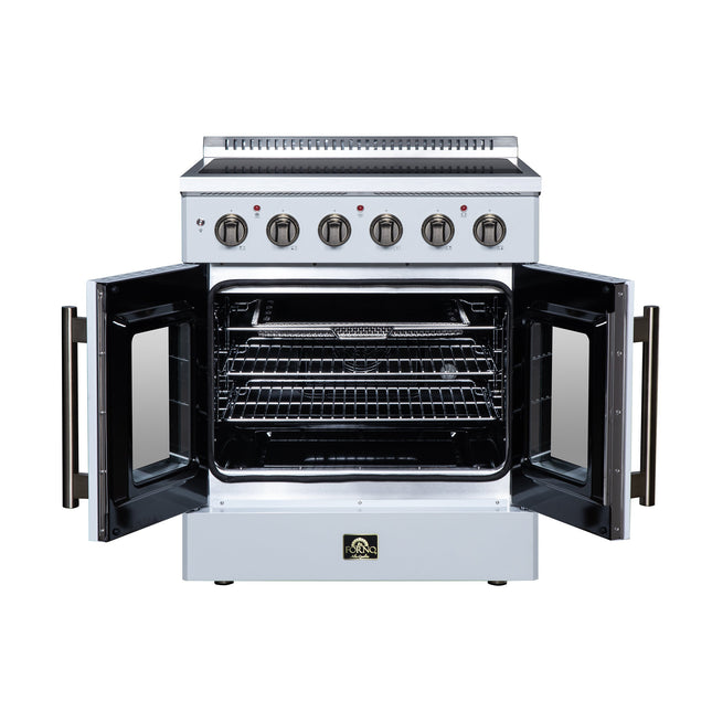 Galiano 30 Inch French Door Electric range, 4 radiant burners, 4.32 cf. True Convection oven, Air fryer kit, White FORNO