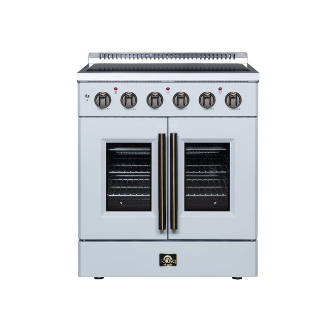 Galiano 30 Inch French Door Electric range, 4 radiant burners, 4.32 cf. True Convection oven, Air fryer kit, White FORNO