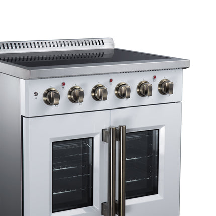 Galiano 30 Inch French Door Electric range, 4 radiant burners, 4.32 cf. True Convection oven, Air fryer kit, White FORNO
