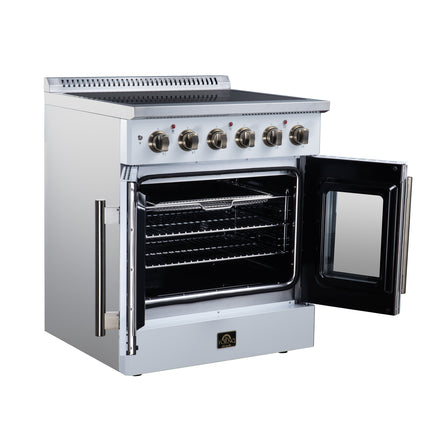 Galiano 30 Inch French Door Electric range, 4 radiant burners, 4.32 cf. True Convection oven, Air fryer kit, White FORNO