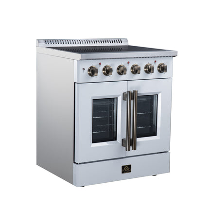 Galiano 30 Inch French Door Electric range, 4 radiant burners, 4.32 cf. True Convection oven, Air fryer kit, White FORNO