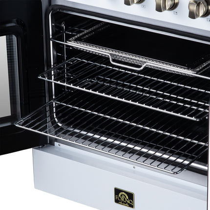 Galiano 30 Inch French Door Electric range, 4 radiant burners, 4.32 cf. True Convection oven, Air fryer kit, White FORNO