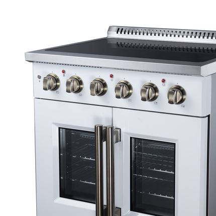 Galiano 30 Inch French Door Electric range, 4 radiant burners, 4.32 cf. True Convection oven, Air fryer kit, White FORNO
