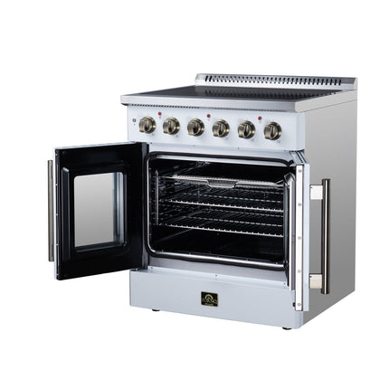Galiano 30 Inch French Door Electric range, 4 radiant burners, 4.32 cf. True Convection oven, Air fryer kit, White FORNO