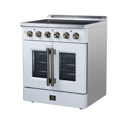 Galiano 30 Inch French Door Electric range, 4 radiant burners, 4.32 cf. True Convection oven, Air fryer kit, White FORNO