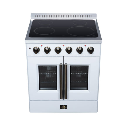 Galiano 30 Inch French Door Electric range, 4 radiant burners, 4.32 cf. True Convection oven, Air fryer kit, White FORNO