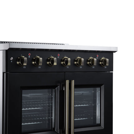 Galiano 36 Inch French Door Electric range, 5 radiant burners, 5.36 cf. True Convection oven, Air fryer kit, Black FORNO