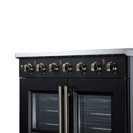 Galiano 36 Inch French Door Electric range, 5 radiant burners, 5.36 cf. True Convection oven, Air fryer kit, Black FORNO