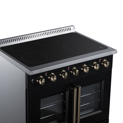Galiano 36 Inch French Door Electric range, 5 radiant burners, 5.36 cf. True Convection oven, Air fryer kit, Black FORNO