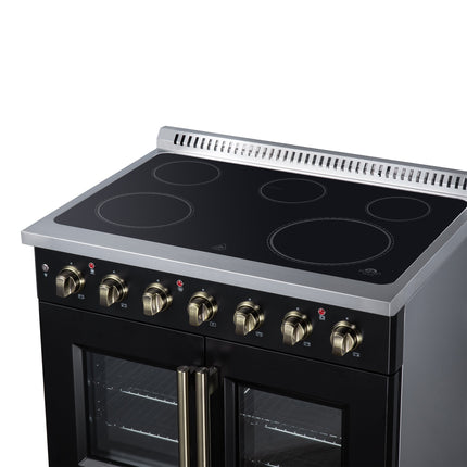 Galiano 36 Inch French Door Electric range, 5 radiant burners, 5.36 cf. True Convection oven, Air fryer kit, Black FORNO
