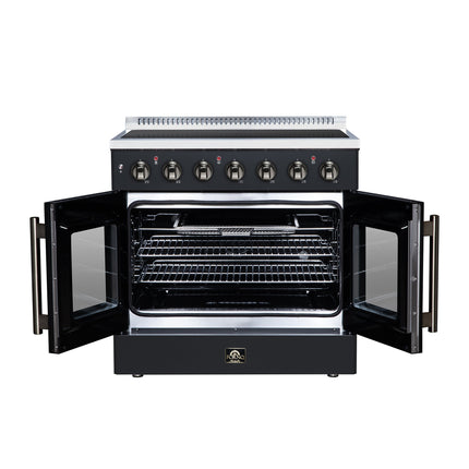 Galiano 36 Inch French Door Electric range, 5 radiant burners, 5.36 cf. True Convection oven, Air fryer kit, Black FORNO