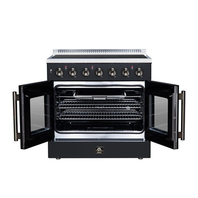 Galiano 36 Inch French Door Electric range, 5 radiant burners, 5.36 cf. True Convection oven, Air fryer kit, Black FORNO