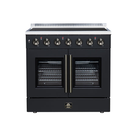 Galiano 36 Inch French Door Electric range, 5 radiant burners, 5.36 cf. True Convection oven, Air fryer kit, Black FORNO