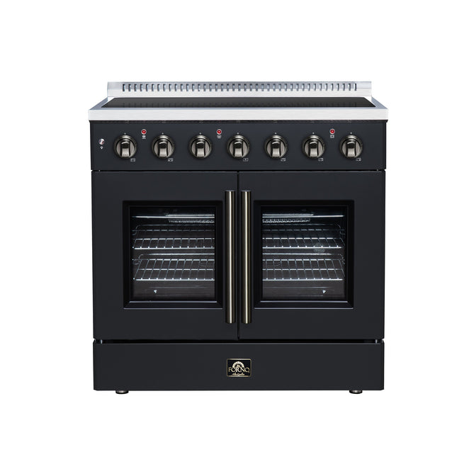 Galiano 36 Inch French Door Electric range, 5 radiant burners, 5.36 cf. True Convection oven, Air fryer kit, Black FORNO