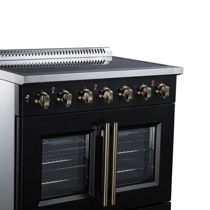 Galiano 36 Inch French Door Electric range, 5 radiant burners, 5.36 cf. True Convection oven, Air fryer kit, Black FORNO