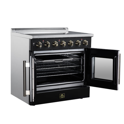 Galiano 36 Inch French Door Electric range, 5 radiant burners, 5.36 cf. True Convection oven, Air fryer kit, Black FORNO