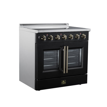 Galiano 36 Inch French Door Electric range, 5 radiant burners, 5.36 cf. True Convection oven, Air fryer kit, Black FORNO