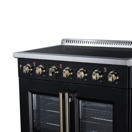 Galiano 36 Inch French Door Electric range, 5 radiant burners, 5.36 cf. True Convection oven, Air fryer kit, Black FORNO