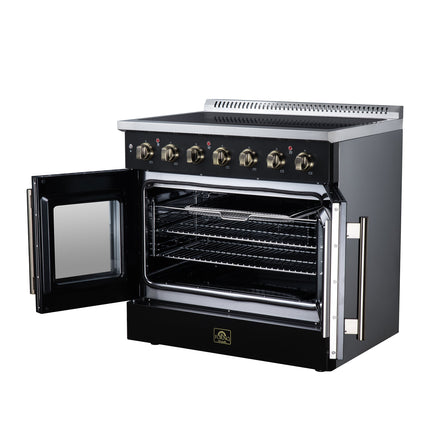 Galiano 36 Inch French Door Electric range, 5 radiant burners, 5.36 cf. True Convection oven, Air fryer kit, Black FORNO