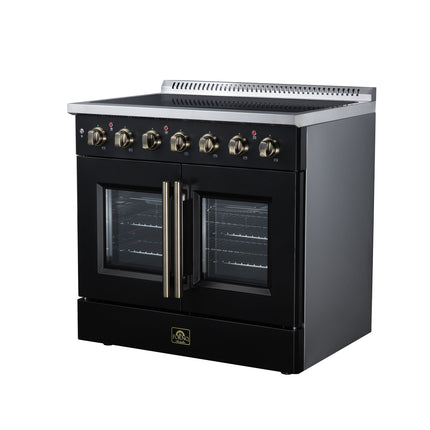 Galiano 36 Inch French Door Electric range, 5 radiant burners, 5.36 cf. True Convection oven, Air fryer kit, Black FORNO