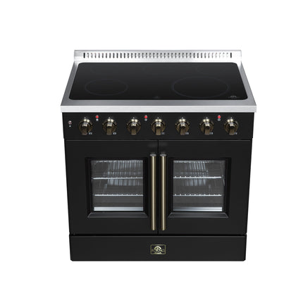 Galiano 36 Inch French Door Electric range, 5 radiant burners, 5.36 cf. True Convection oven, Air fryer kit, Black FORNO