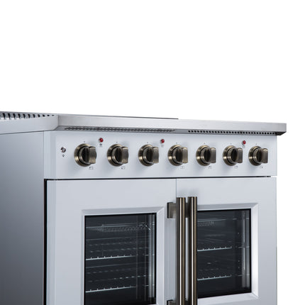 Galiano 36 Inch French Door Electric range, 5 radiant burners, 5.36 cf. True Convection oven, Air fryer kit, White FORNO