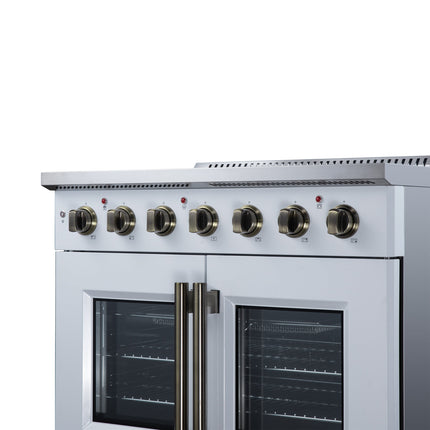 Galiano 36 Inch French Door Electric range, 5 radiant burners, 5.36 cf. True Convection oven, Air fryer kit, White FORNO