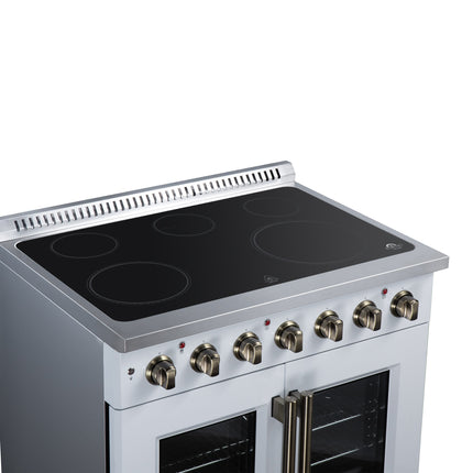 Galiano 36 Inch French Door Electric range, 5 radiant burners, 5.36 cf. True Convection oven, Air fryer kit, White FORNO