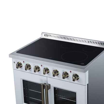 Galiano 36 Inch French Door Electric range, 5 radiant burners, 5.36 cf. True Convection oven, Air fryer kit, White FORNO