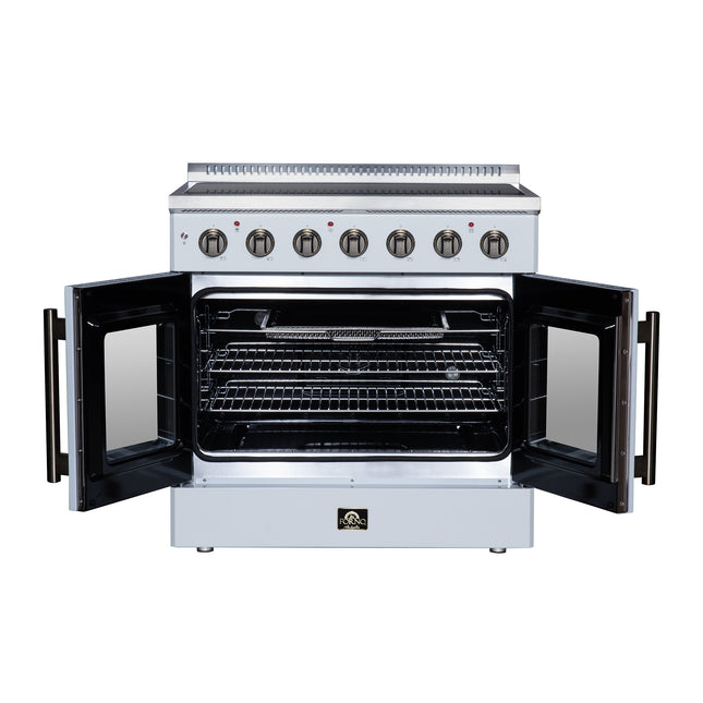Galiano 36 Inch French Door Electric range, 5 radiant burners, 5.36 cf. True Convection oven, Air fryer kit, White FORNO