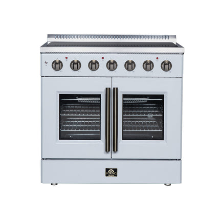 Galiano 36 Inch French Door Electric range, 5 radiant burners, 5.36 cf. True Convection oven, Air fryer kit, White FORNO