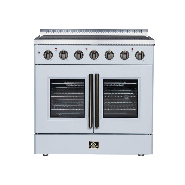 Galiano 36 Inch French Door Electric range, 5 radiant burners, 5.36 cf. True Convection oven, Air fryer kit, White FORNO