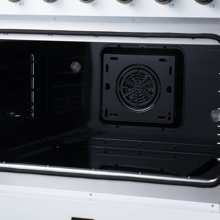 Galiano 36 Inch French Door Electric range, 5 radiant burners, 5.36 cf. True Convection oven, Air fryer kit, White FORNO