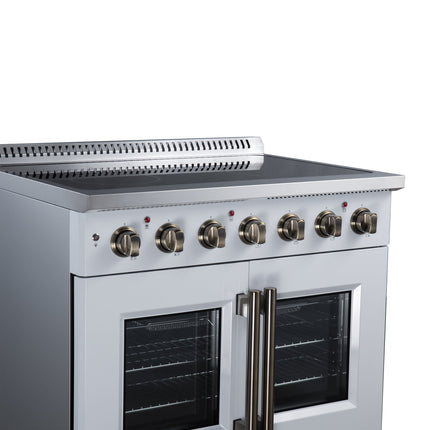 Galiano 36 Inch French Door Electric range, 5 radiant burners, 5.36 cf. True Convection oven, Air fryer kit, White FORNO
