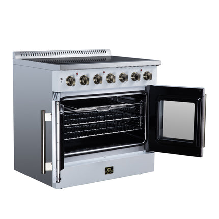 Galiano 36 Inch French Door Electric range, 5 radiant burners, 5.36 cf. True Convection oven, Air fryer kit, White FORNO