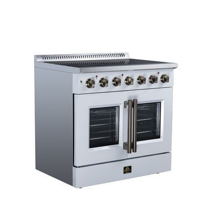 Galiano 36 Inch French Door Electric range, 5 radiant burners, 5.36 cf. True Convection oven, Air fryer kit, White FORNO