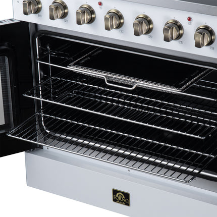 Galiano 36 Inch French Door Electric range, 5 radiant burners, 5.36 cf. True Convection oven, Air fryer kit, White FORNO