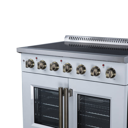 Galiano 36 Inch French Door Electric range, 5 radiant burners, 5.36 cf. True Convection oven, Air fryer kit, White FORNO
