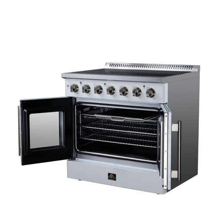 Galiano 36 Inch French Door Electric range, 5 radiant burners, 5.36 cf. True Convection oven, Air fryer kit, White FORNO